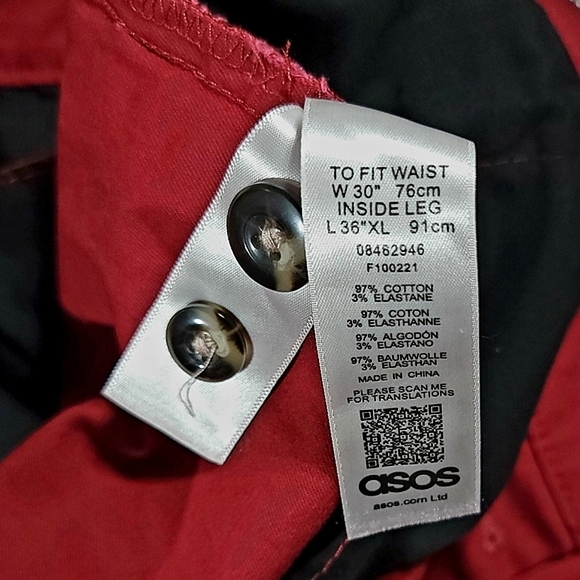 ASOS EUC Red Slim Fit Dress Trouser Pants 97% Cotton - Men's TALL SIZE 30x36 - Picture 9 of 9